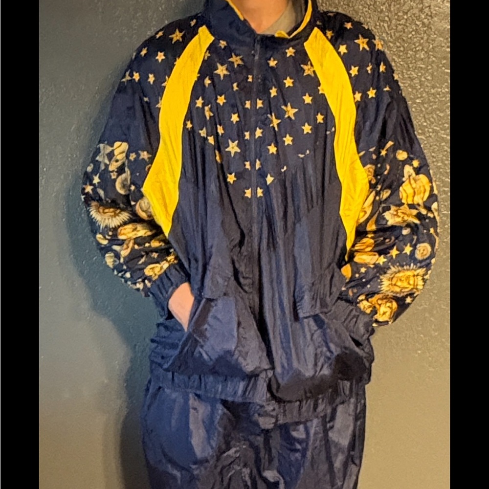 Stylish celestial  Sun Jumpsuit 1990s Navy with yellow suns and stars